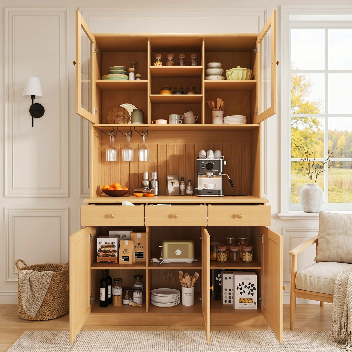 BUFFETSCHRANK 120x40x191 cm, Glastüren, Gläserhalter, 2 Steckdosen, USB-A/USB-C-Anschlüsse, Naturfarbe - Naturfarben, Holzwerkstoff (120/191/40cm) - FOHERE