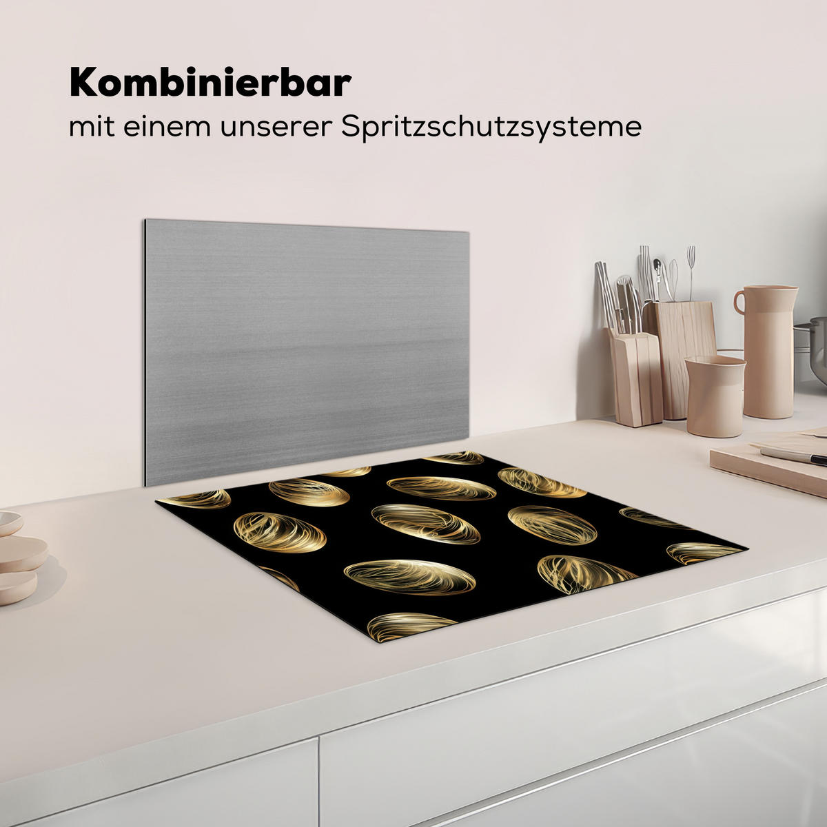 HERDABDECKPLATTE Eier - Gold - Muster Herdabdeckung Induktionsfeld 60x52 cm - Schwarz, Kunststoff (60/52/0.2cm) - MuchoWow