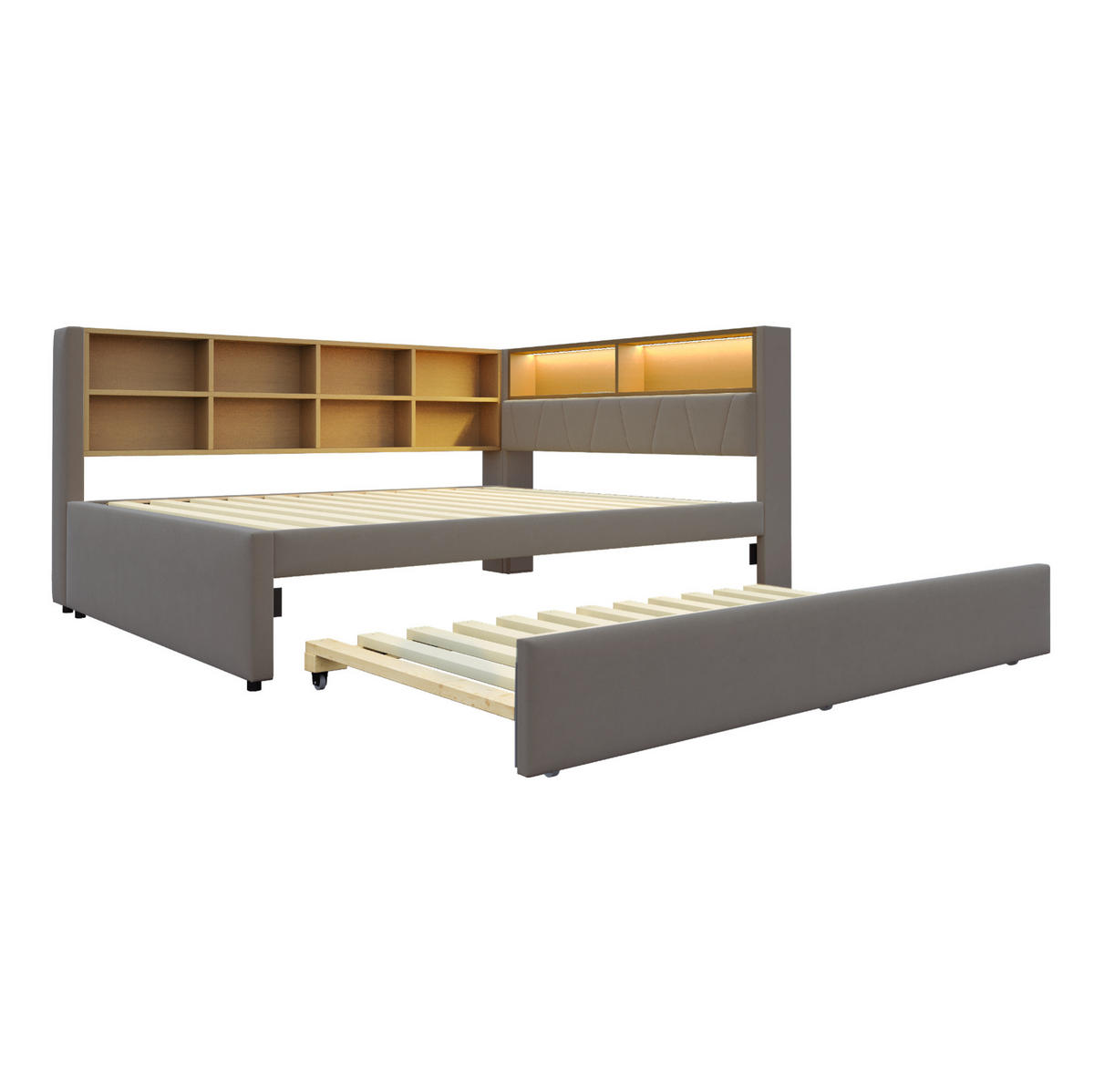BETT 140/200 cm mit Ausziehbett 90/190 cm, LED und Stauraum, Dunkelgrau - Dunkelgrau, Textil (140/200cm) - BEAOK