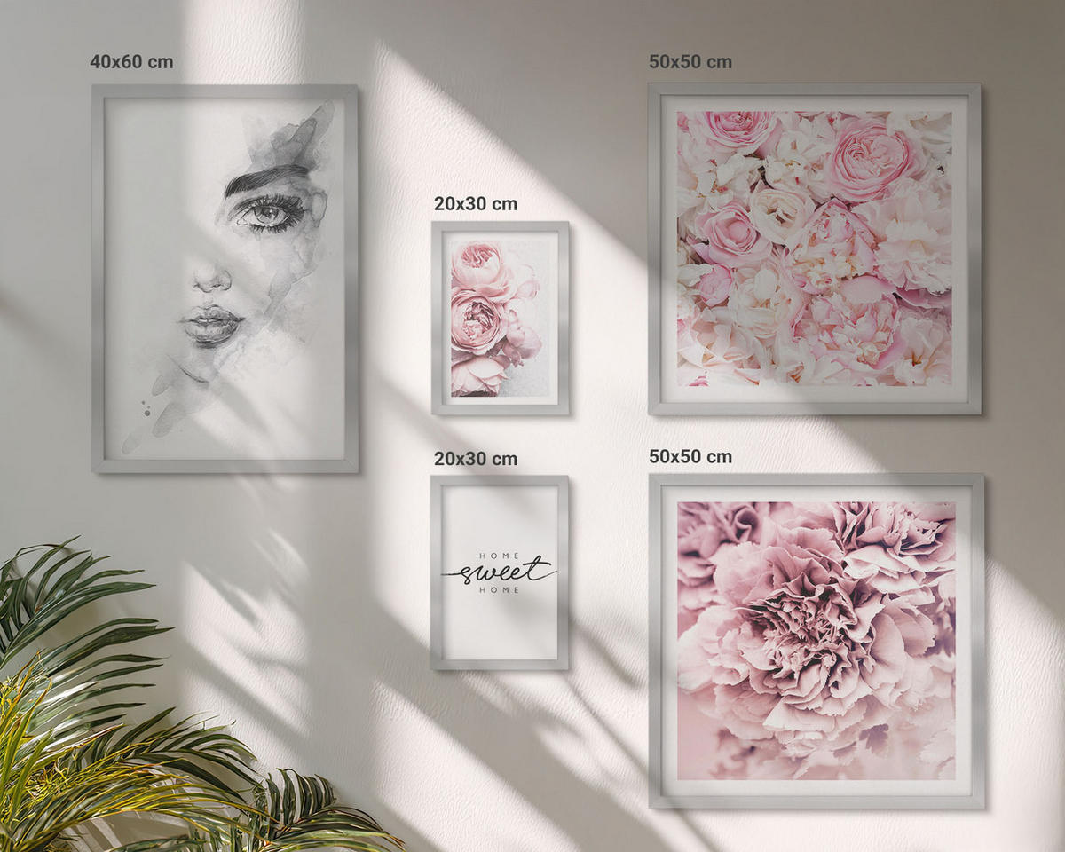 BILDER SET 5er Set - 50x50 cm & 20x30 cm & 40x60 cm Silberner Rahmen - Pfingstrosenporträt einer Frau zu Hause - Silberfarben, Kunststoff (40/60cm) - TULUP