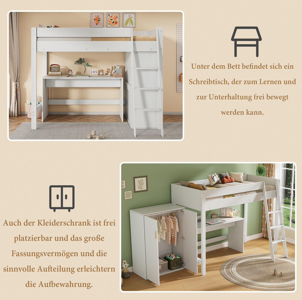 VISOKA Visoka postelja 90/200 cm bela iz masivnega lesa z mizo, omaro in lestvijo - bela, leseni material (90/200cm) - OKWISH