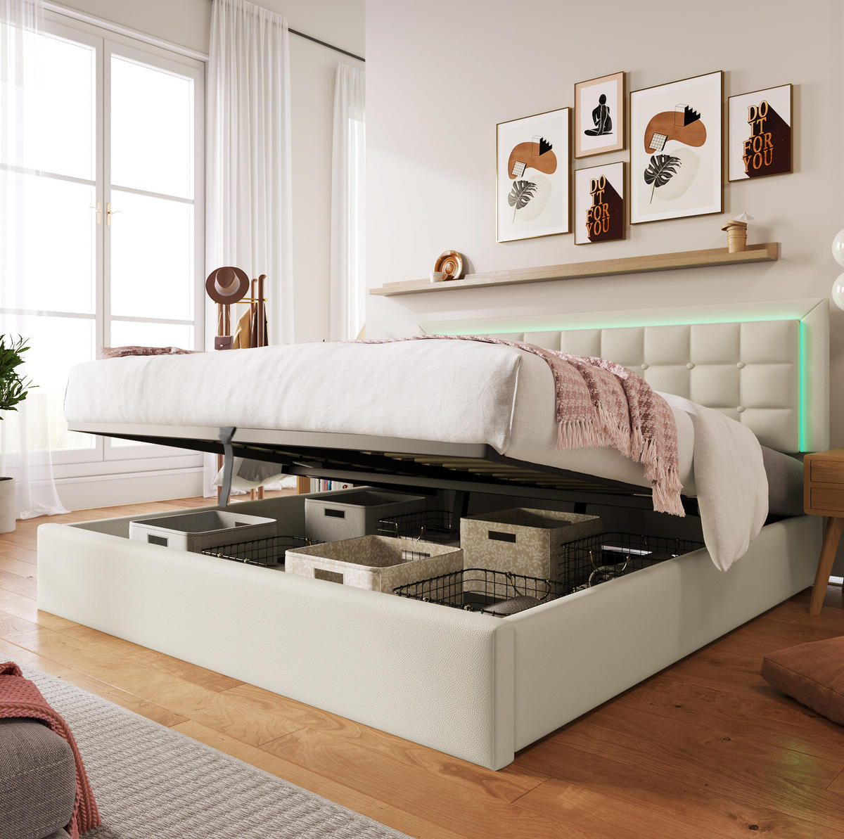 POLSTERBETT 180/200 cm weiß aus PU mit LED und Stauraum - Weiß, Kunststoff (180/200cm) - OKWISH