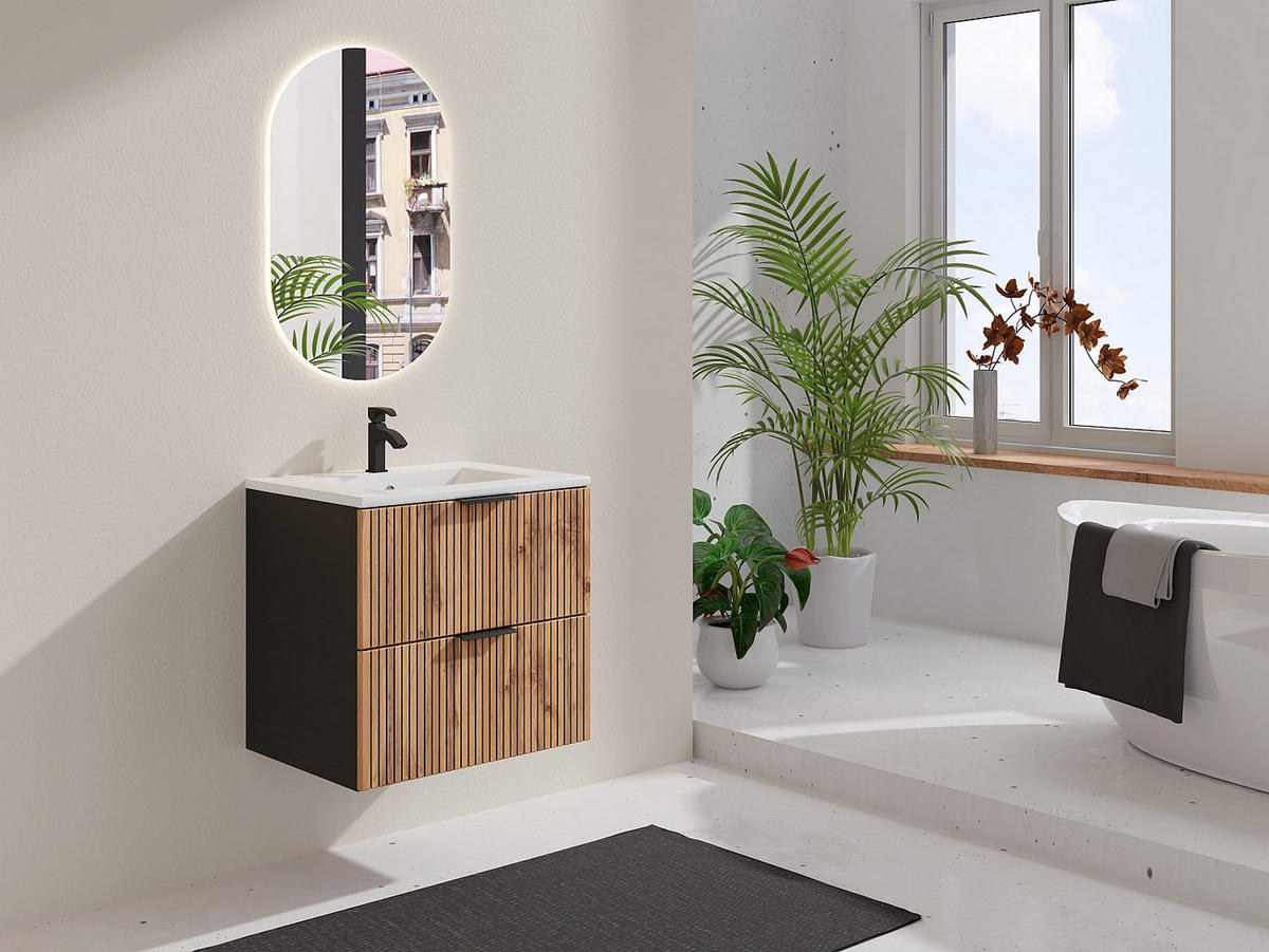 WASCHBECKENUNTERSCHRANK hängend - Streifenoptik - Holzfarben hell & Schwarz - 60 cm - MADELA - Schwarz, Holz (60/57/46cm) - Vente-Unique