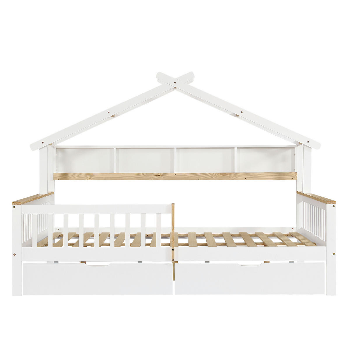 KINDERBETT 140/200 cm in Weiß & Natur mit 2 Schubladen und Dachdesign - Weiß/Naturfarben, Holz/Holzwerkstoff (140/200cm) - CHICFURN