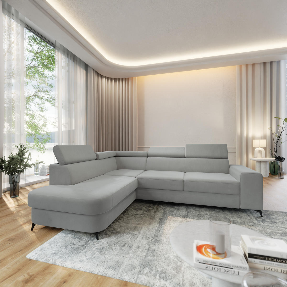 ECKSOFA ALVORO L-S Hellgrau Velours-Stoff mit Schlaffunktion - Hellgrau, Holz (253/190cm) - MASSENO