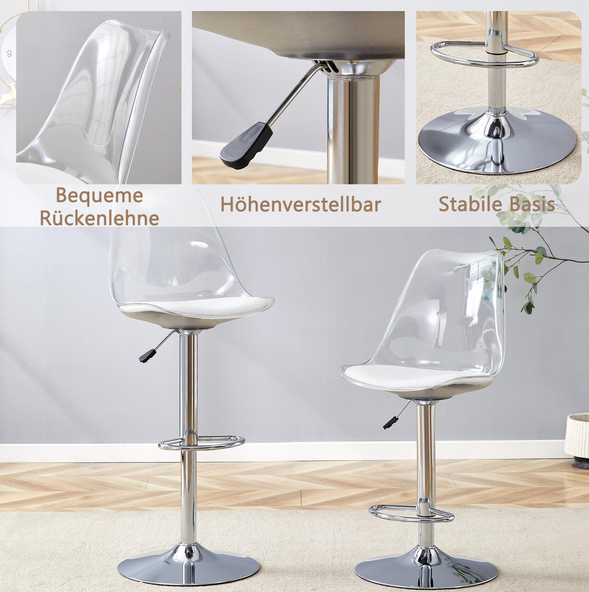 BARHOCKER höhenverstellbar 2er-Set Transparent Silber - Silberfarben, Metall (53.3/120/45.7cm) - Meubliv