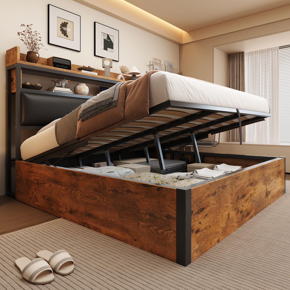 POLSTERBETT 180/200 cm schwarz aus Metall und Holz mit Hydraulik-Stauraum und USB - Schwarz, Metall (180/200cm) - OKWISH