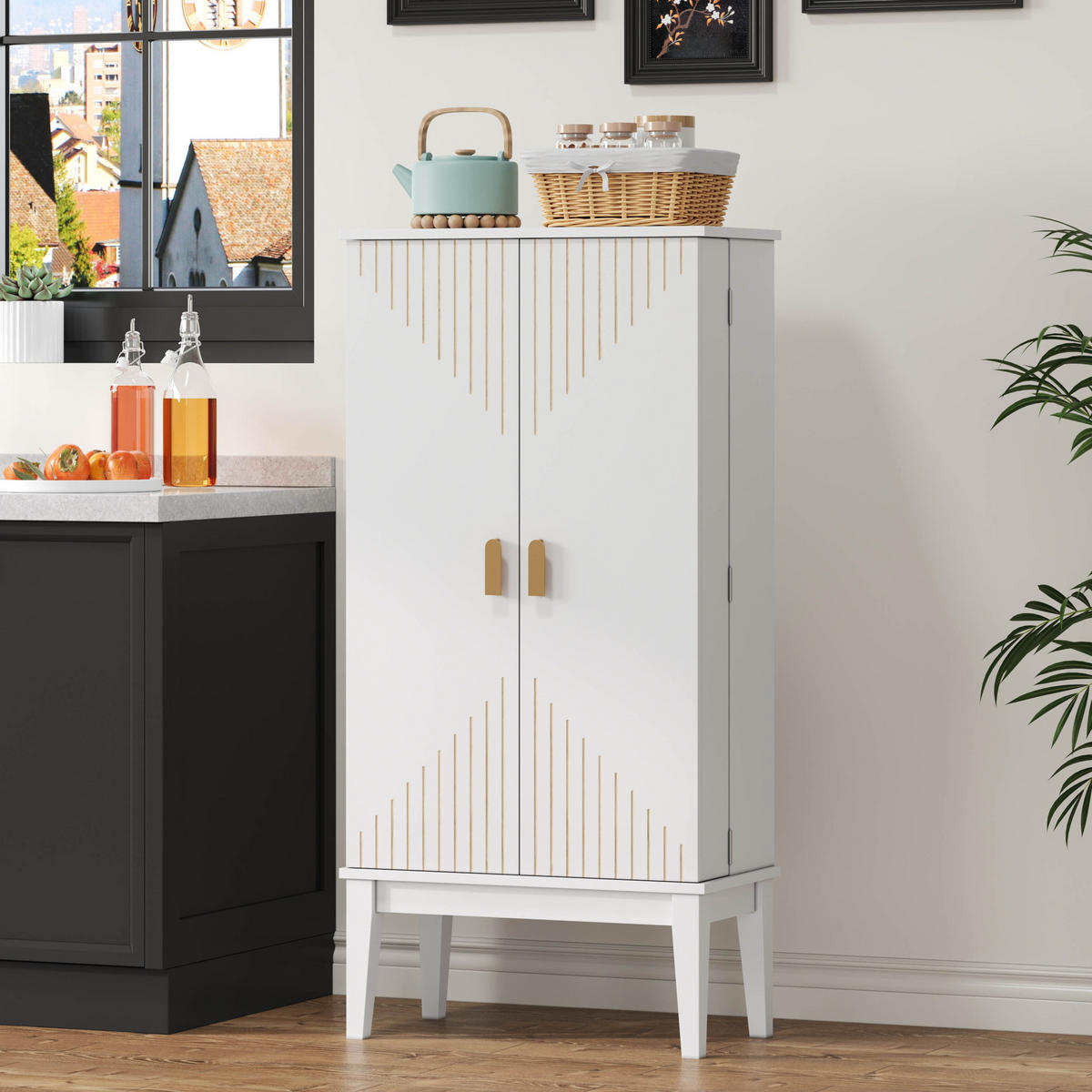 BUFFET aus MDF 120x59x30 cm Weiß mit 2 Türen, 5 Fächern und Türablagen im Vintage-Stil - Weiß, Holzwerkstoff (59/120/30cm) - Modfu