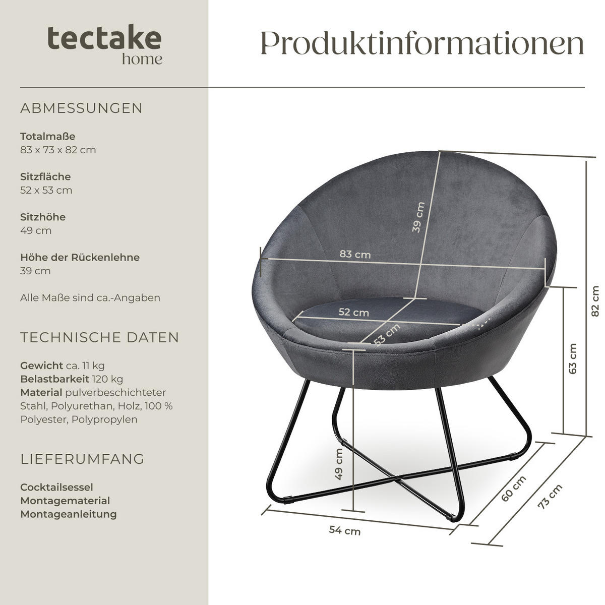 COCKTAILSESSEL Centera,83 x 73 x 82 cm,Samtoptik anthrazit - Anthrazit/Samtahornfarben, Metall (83/82/73cm) - tectake