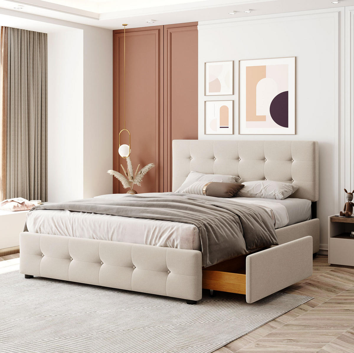 POLSTERBETT 140/200 cm Beige aus Stoff mit 4 Schubladen - Beige, Textil (140/200cm) - OKMYHOME