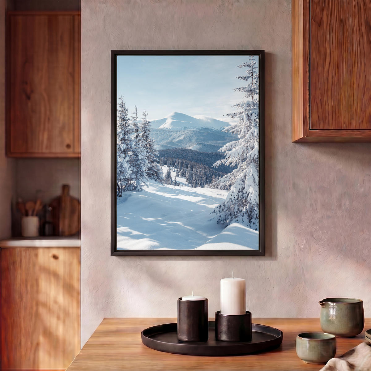 LEINWAND Bilder mit Rahmen - Winterlandschaft - Natur - Berge - Bäume - Schnee - 30x40 - Hellblau, Textil (30/40cm) - MuchoWow