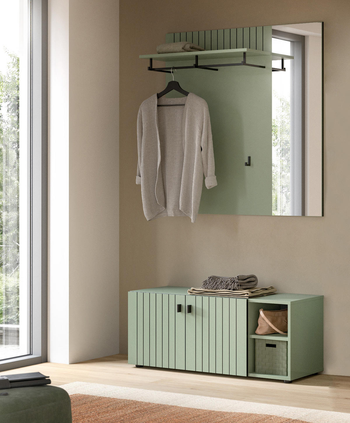 GARDEROBE-SET grün 2-teilig 106 cm, Garderobenkombination mit Rillen-Optik - Schwarz/Grün, Glas/Holzwerkstoff (106/192/37cm) - Inn.Furn