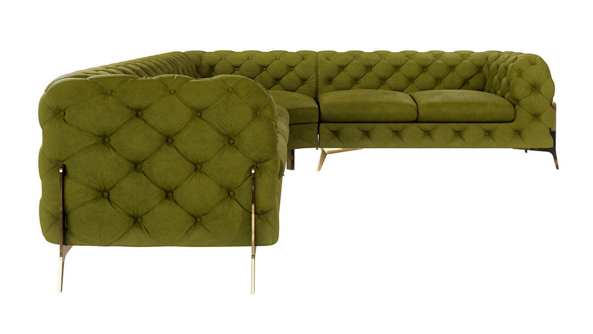 ECKSOFA Chesterfield Lexi Olive Samt, langer Schenkel links - Goldfarben/Olivgrün, Holz/Textil (323/264cm) - S-Style Möbel