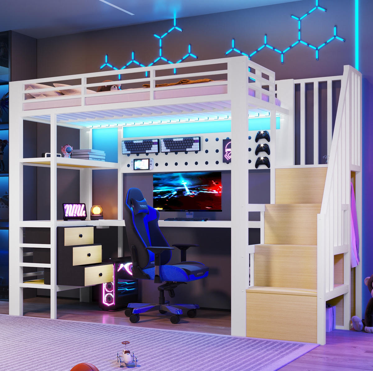 HOCHBETT 90/200 cm, Weiß mit Schubladen, Tisch, Steckdose und LED-Licht - Weiß, Metall (90/200cm) - MIVRAY