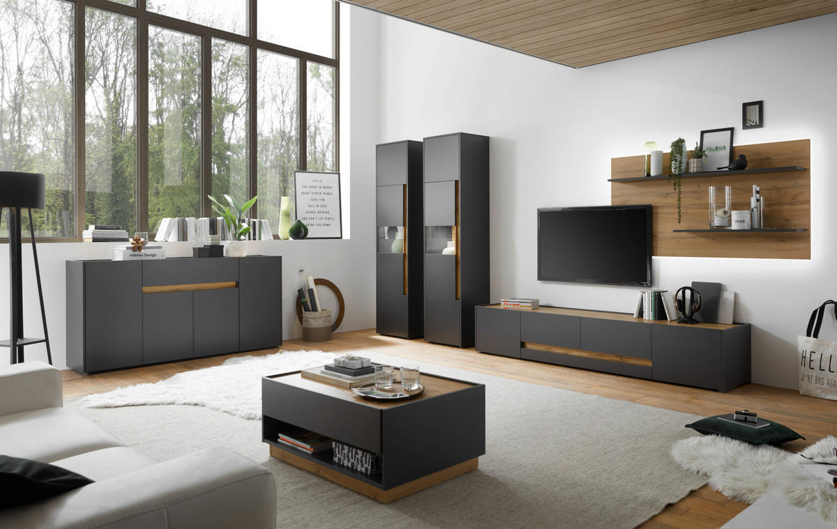 TV-LOWBOARD grau matt, Eiche Wotan 223 cm, TV Unterteil mit viel Stauraum - Eiche Wotan/Schwarz, Holzwerkstoff/Kunststoff (223/40/45cm) - Furn.Design