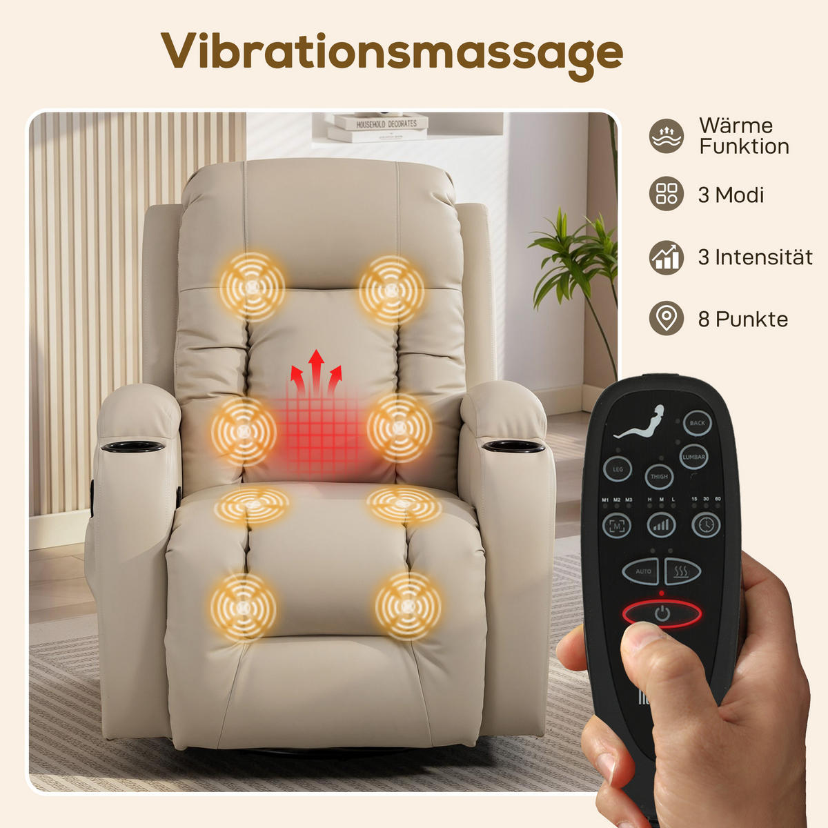 RELAXSESSEL elektrisch verstellbar Massagesessel mit Liegefunktion, Heizung - Hellgrau/Creme, Textil (82/103/99cm) - HOMCOM