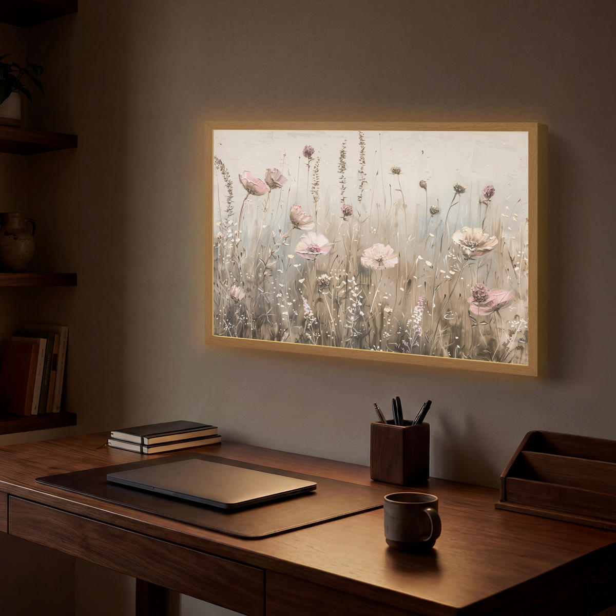 NÁSTĚNNÁ LAMPA S AKUMULÁTOREM Květiny - růžová - moderní - béžová 60x40 cm - starorůžová, kompozitní dřevo (60/40/8cm) - OnlyWow
