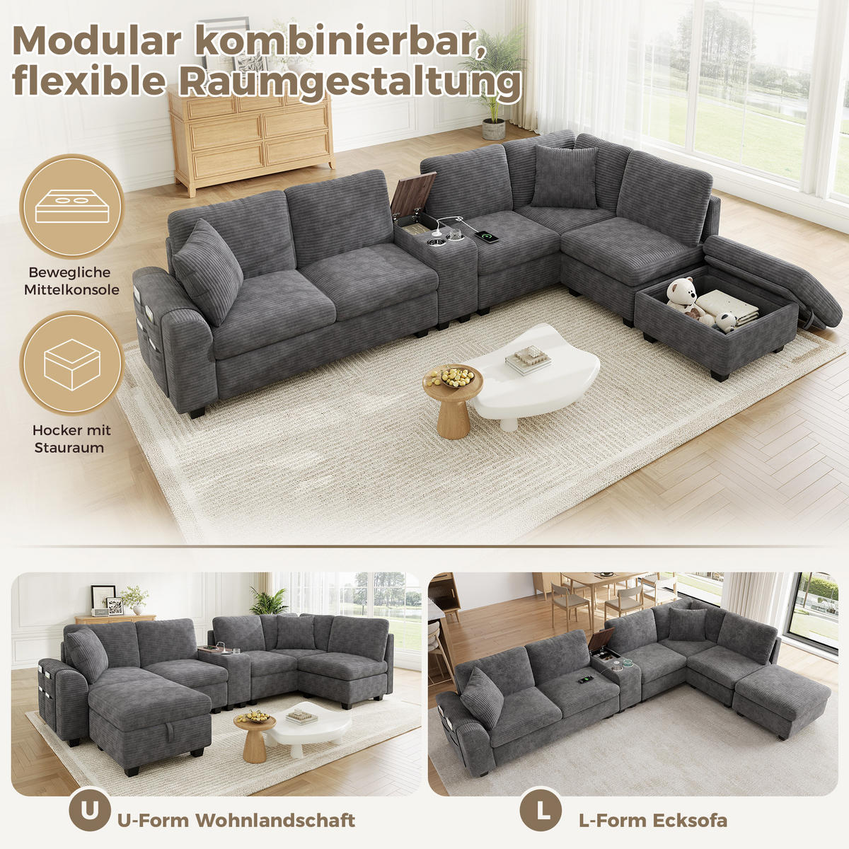 ECKSOFA mit Stauraum und USB Type-C in Grau - Grau, Textil (311/139cm) - EVRYAE