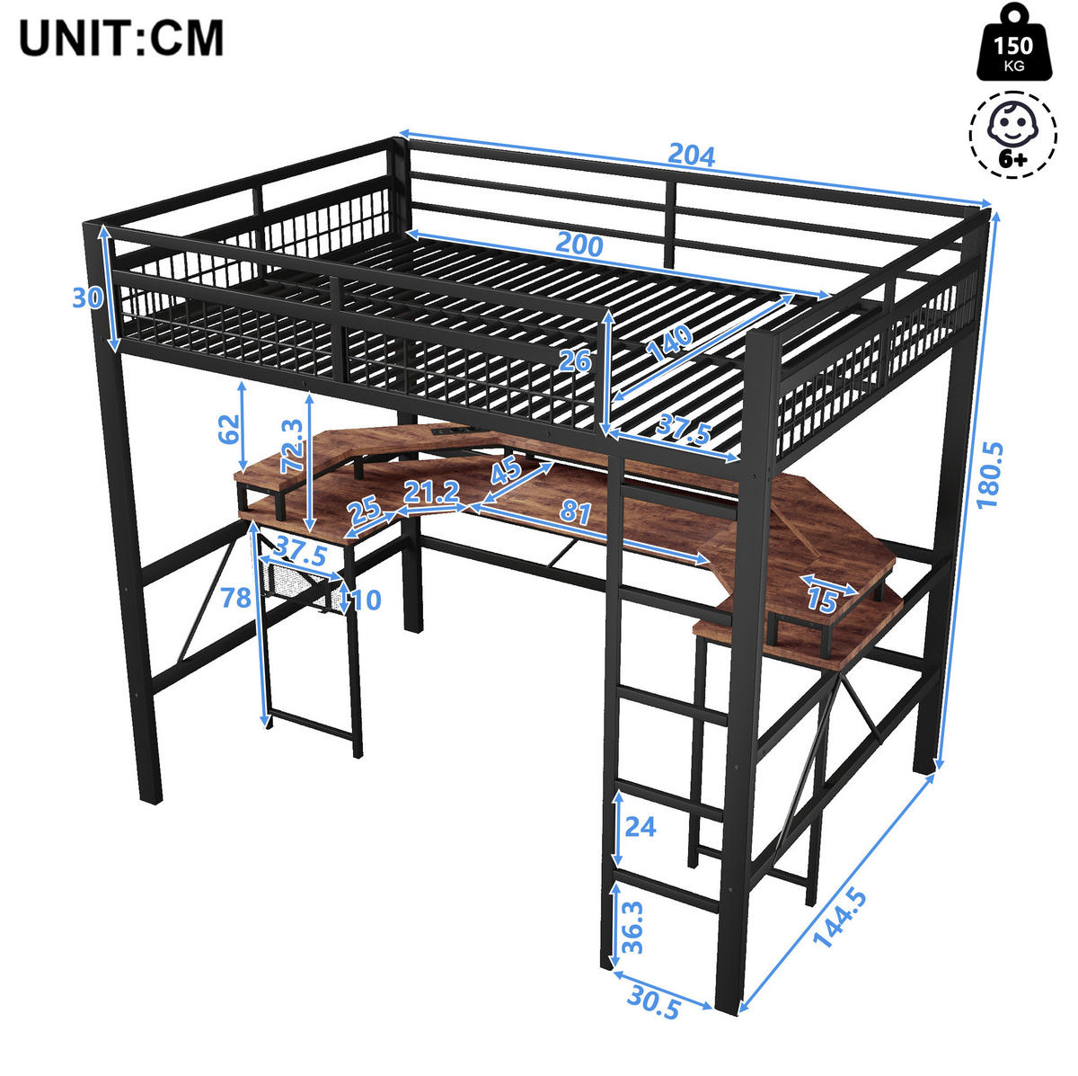 HOCHBETT 140/200 cm Schwarz aus Metall und MDF mit Schreibtisch - Schwarz, Metall (140/200cm) - OKMYHOME