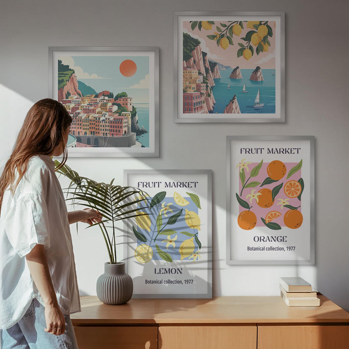 WANDBILDER 4er Set - 50x50 cm & 40x60 cm Silberner Rahmen - Obstposter Zitronen Orangen - Silberfarben, Kunststoff (50/50cm) - ArtPrintCave