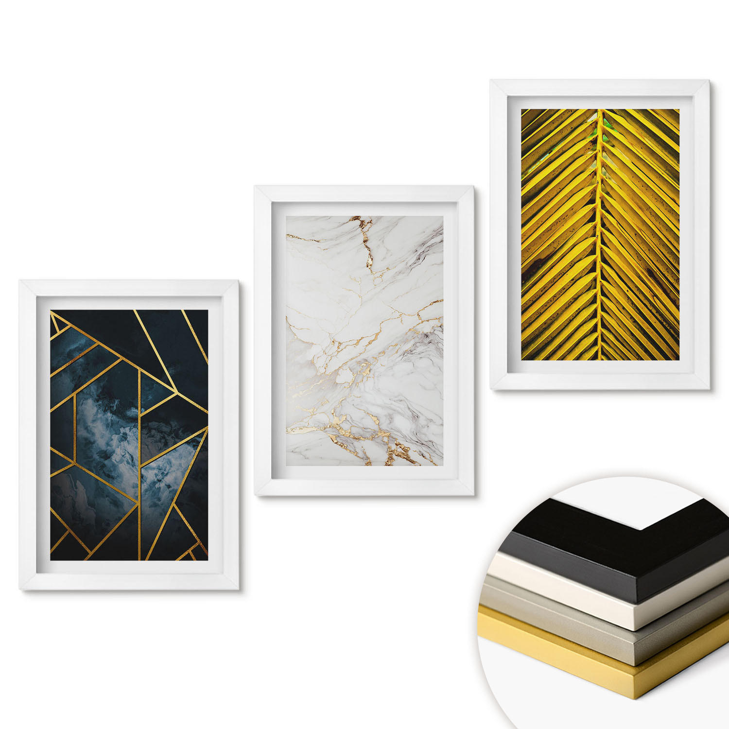 WANDBILDER 3er-Set - 20x30 cm Weißer Rahmen - Geometrische Muster und Vegetation - Weiß, Kunststoff (20/30cm) - ArtPrintCave
