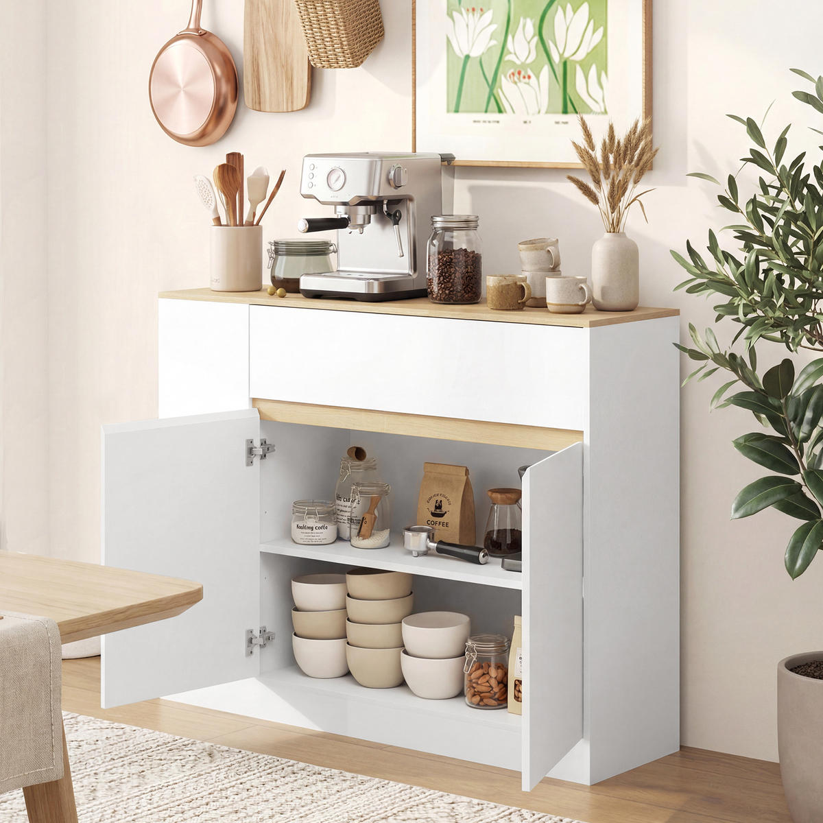 SIDEBOARD Küchenschrank mit Schublade, verstellbare Ablage, Aufbewahrungsschrank - Weiß/Naturfarben, Holz/Holzwerkstoff (30/81.2/106cm) - HOMCOM