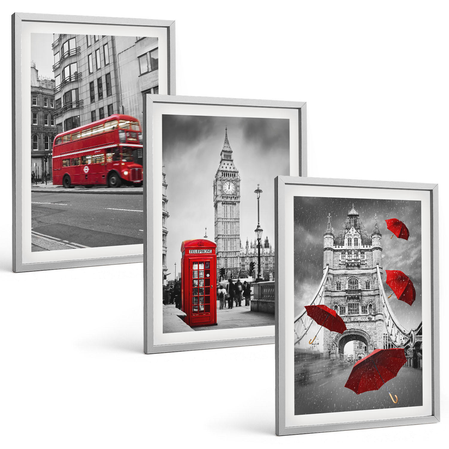 BILDER SET 3er Set - 40x60 cm Silberner Rahmen - Red Accents London - Silberfarben, Kunststoff (40/60cm) - TULUP