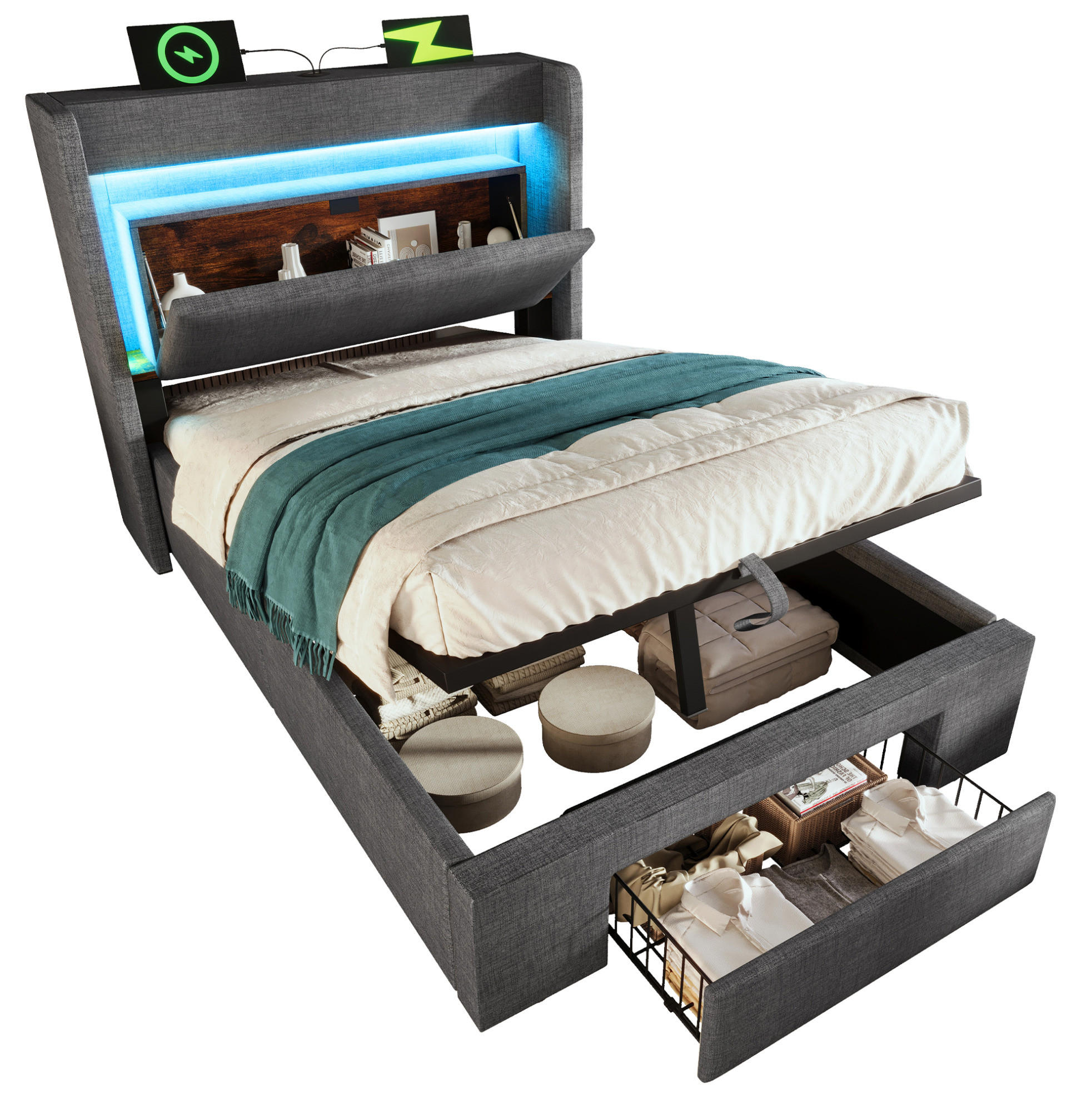 POLSTERBETT mit Stauraum, LED und USB 90x200 cm Leinen Gray mit Matratze - Grau, Metall (90/200cm) - Meubliv