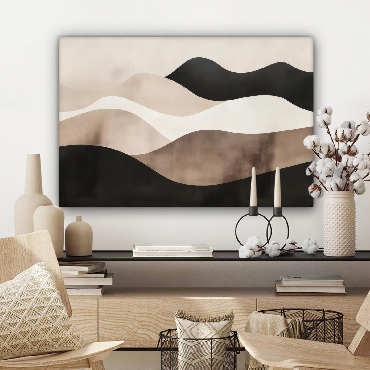 LEINWANDBILD Abstrakt - Landschaft - Wellen - Cremefarben Gemälde 60x40 cm - Cappuccino, Textil (60/40cm) - MuchoWow