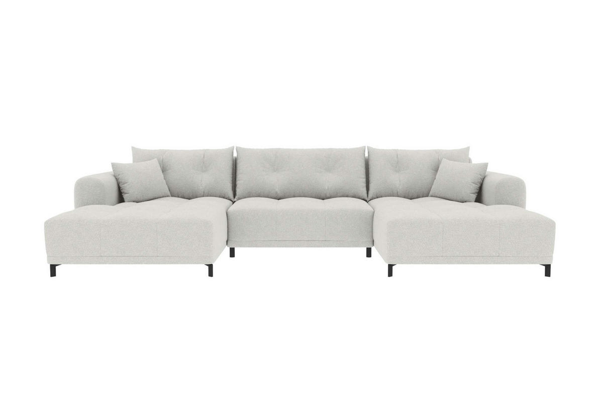 WOHNLANDSCHAFT Strukturstoff Hellgrau inkl. Schlaffunktion - Hellgrau/Schwarz, Textil/Metall (348/94/181cm) - 99rooms