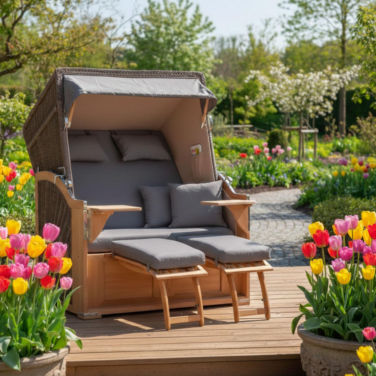 STRANDKORB SEEBLICK 2 Sitzer Teak - Braun/Grau, Metall (125/170/80cm) - Mr. Deko