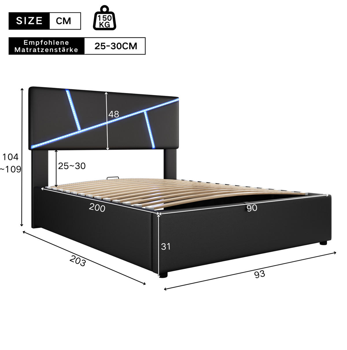 POLSTERBETT mit Stauraum und LED 90x200 cm PU Schwarz - Schwarz, Metall (90/200cm) - Meubliv