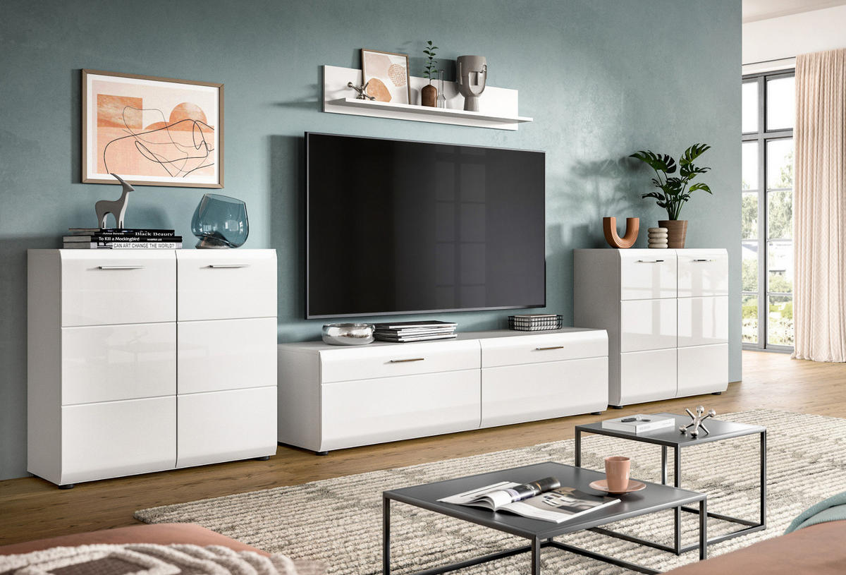 WOHNWAND weiß Hochglanz 4-teilig 350 cm, Schrankwand mit viel Stauraum - Weiß Hochglanz/Silberfarben, Glas/Holzwerkstoff (350/160/41cm) - Inn.Furn