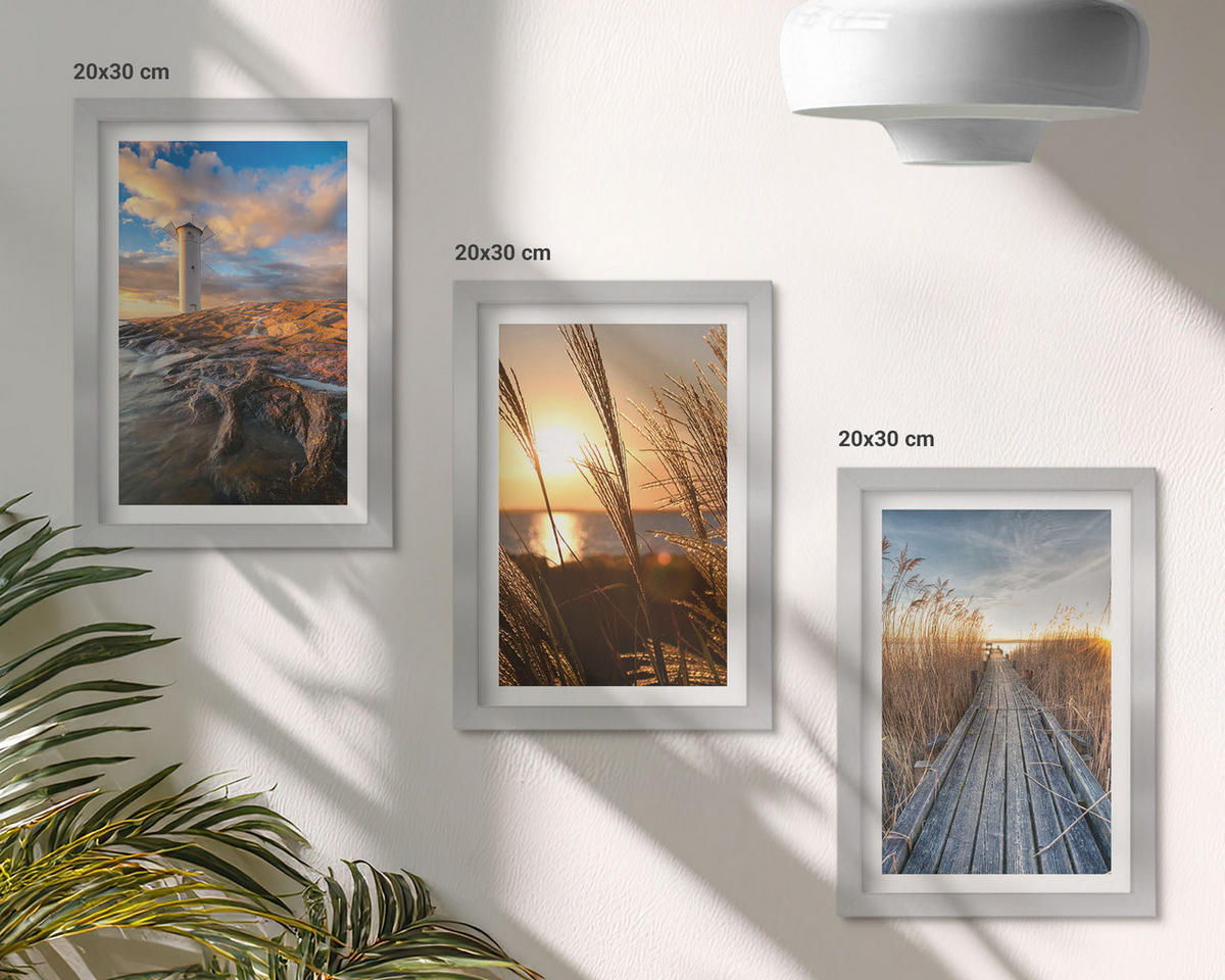 WANDBILDER 3er Set - 20x30 cm Silberner Rahmen - Leuchtturm-Grassteg - Silberfarben, Kunststoff (20/30cm) - ArtPrintCave