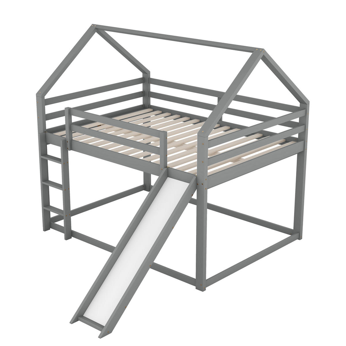HAUS-ETAGENBETT aus Kiefernholz 140x200 cm Grau mit Rutsche und Leiter - Grau, Holzwerkstoff (140/200cm) - IVMEU