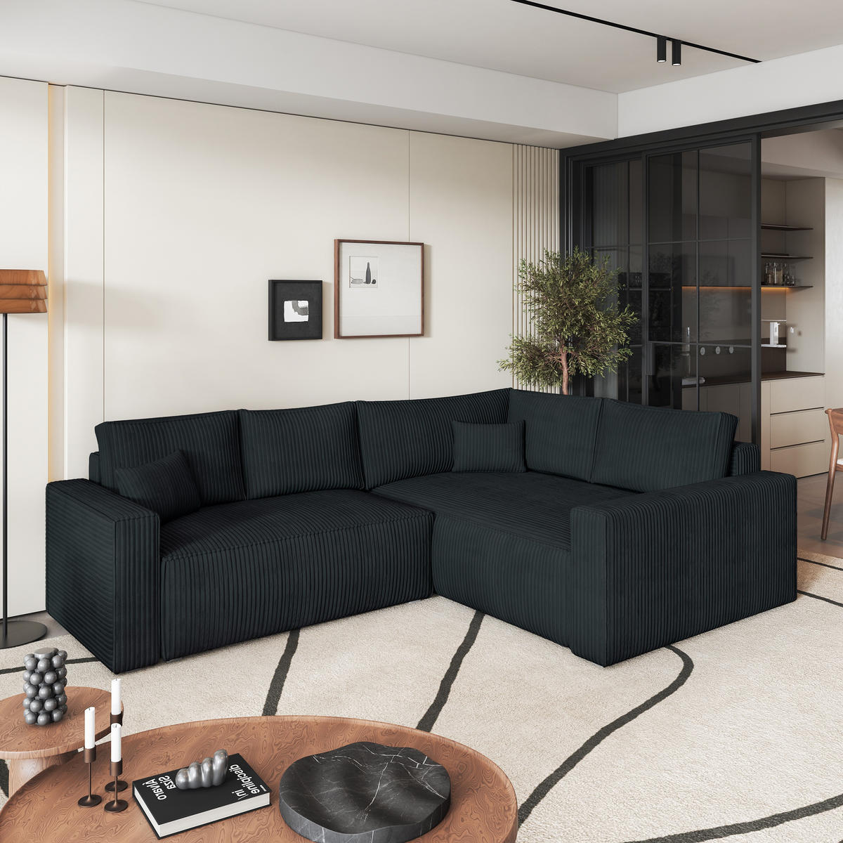 ECKSOFA ERONIS R-S Schwarz Kordstoff mit Schlaffunktion - Schwarz, Holz (265/194cm) - MASSENO