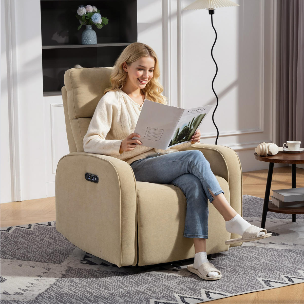 RELAXSESSEL,ELEKTRISCH Chenille Fußstütze verstellbare Kopfstütze Steckdosen,beige - Beige, Textil (80/103/93cm) - Vallsero