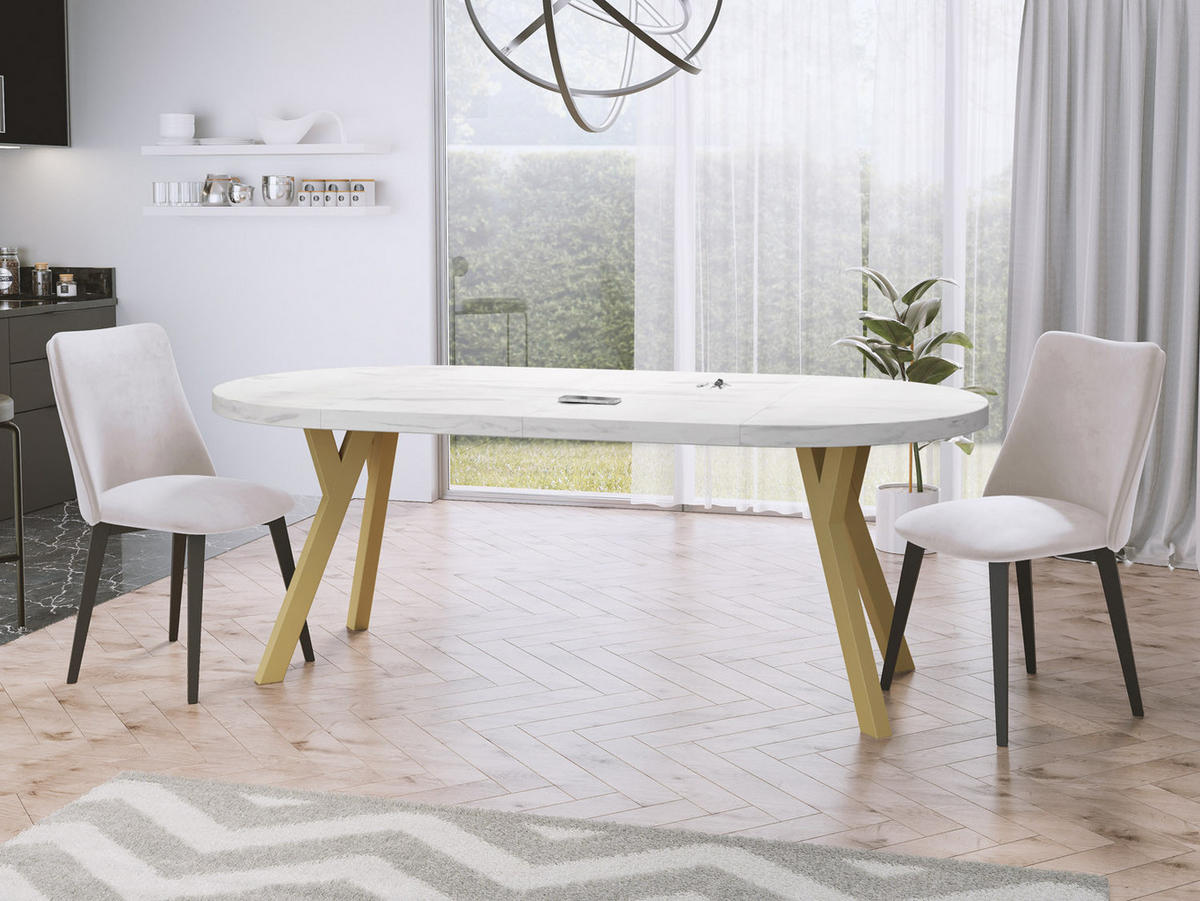 ESSTISCH Mateo runder ausziehbarer, Marmor Weiß 100-200/100/76 cm - Ecru/Goldfarben, Holz/Holzwerkstoff (100/100/76cm) - WFL GROUP