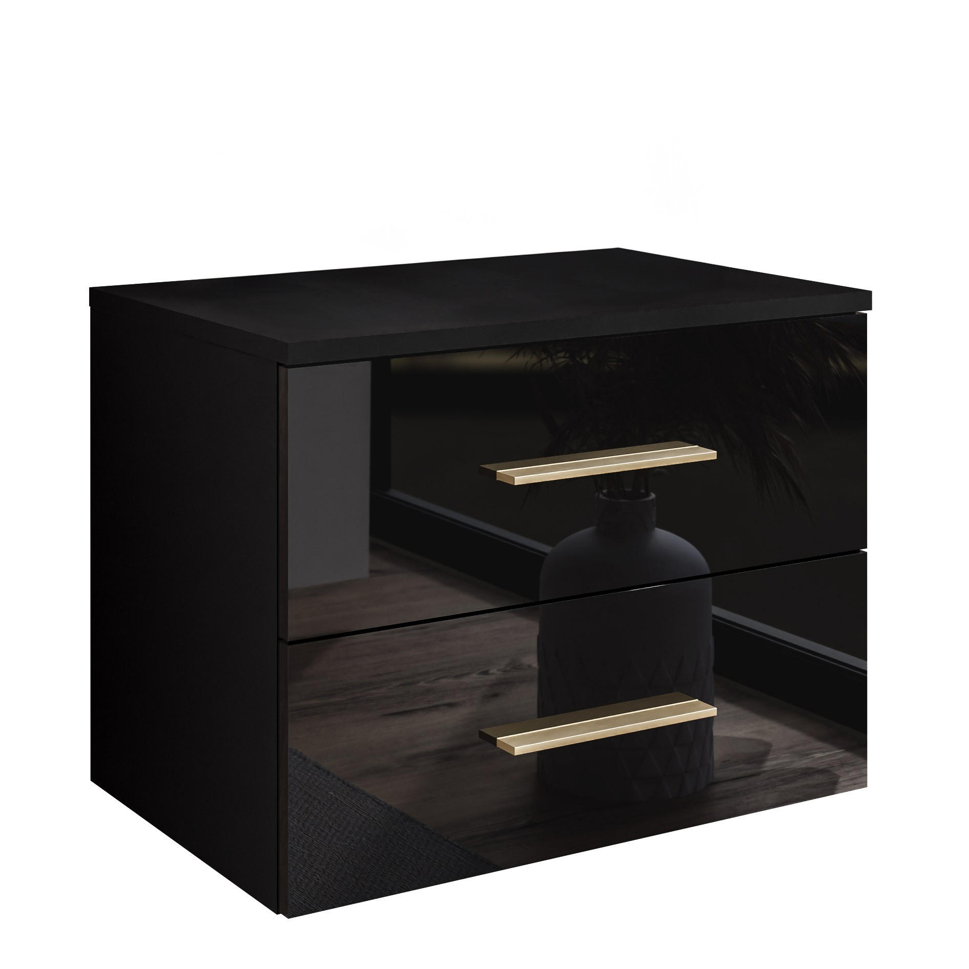 NACHTTISCH LINA II hängend mit goldenen Griffen, Hochglanz, LED - Schwarz, Holzwerkstoff (55/42/37cm) - Lookway