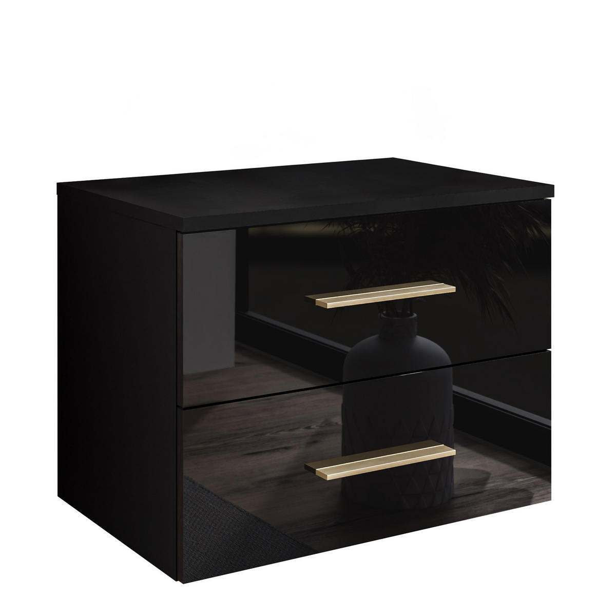 NACHTTISCH LINA II hängend mit goldenen Griffen, Hochglanz, LED - Schwarz, Holzwerkstoff (55/42/37cm) - Lookway