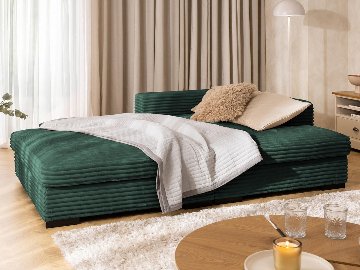 ECKSOFA Wolke mit tiefer Sitzfläche, Schlaffunktion und praktischem Bettkasten aus weichem Grün Cordstoff - Schwarz/Grün, Holz/Kunststoff (225/162cm) - S-Style