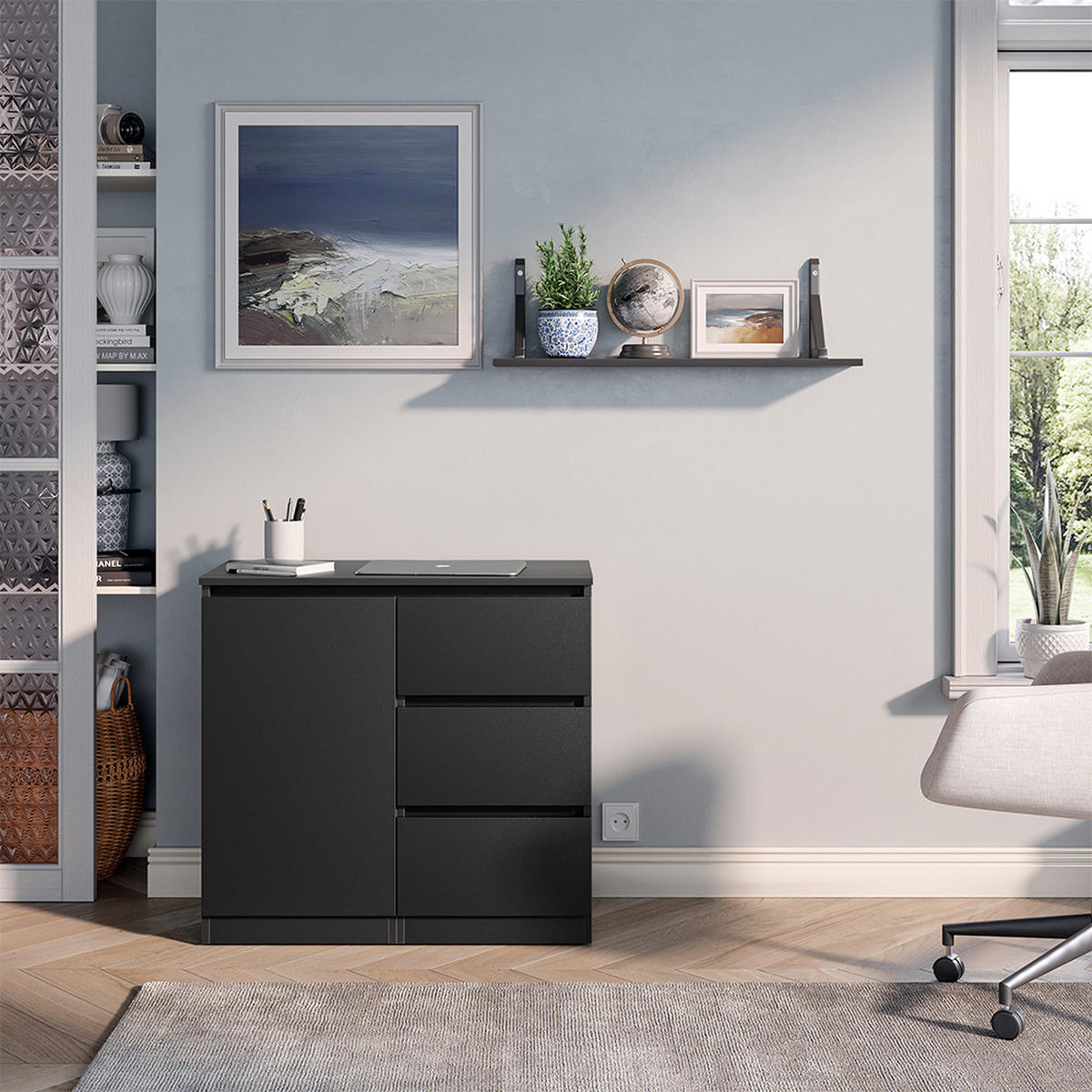 KOMMODE MIT SCHREIBTISCHFUNKTION Varino, Schwarz, 80 x 75.5 cm ausziehbar - Schwarz, Holzwerkstoff (80/75.5/40cm) - Vicco