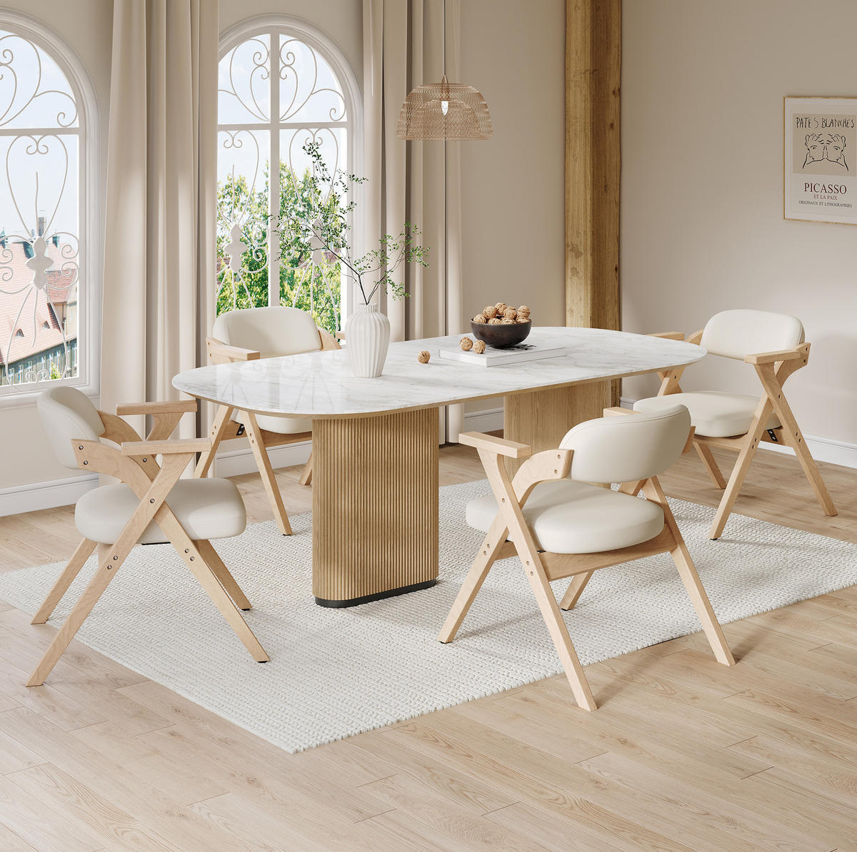 KLAPPSTUHL 6er-Set mit Armlehnen Massivholz Leinen Beige - Beige, Holz (66.5/76/64.51cm) - Meubliv