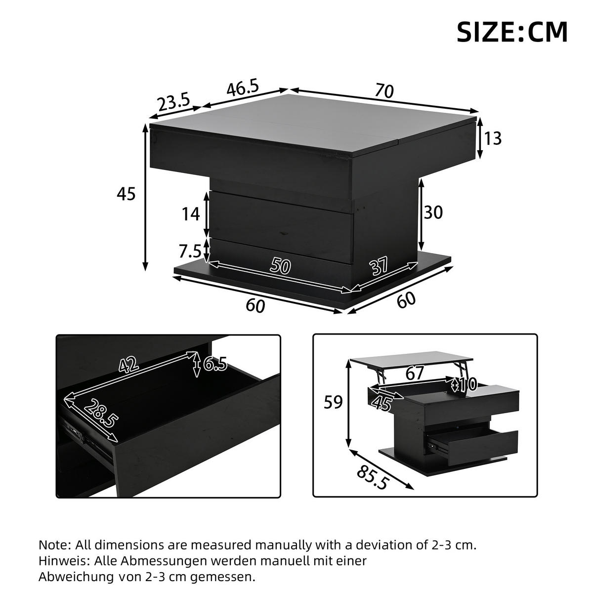COUCHTISCH, drehbare Liftplatte, Hochglanz Schwarz, 1 Schublade & Stauraum, 70/70/45–59 cm,Schwarz - Schwarz, Holzwerkstoff (70/70/45cm) - Redom