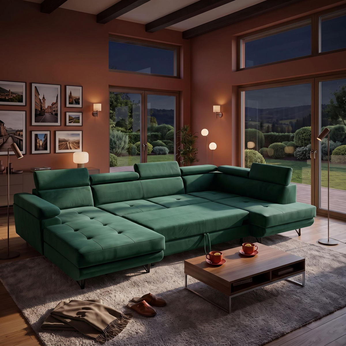 ECKSOFA U-Form JUNIOR U Rechts mit Schlaffunktion 128x254 Velours Dunkelgrün - Dunkelgrün/Schwarz, Holz/Textil (184/90/323cm) - Muffo