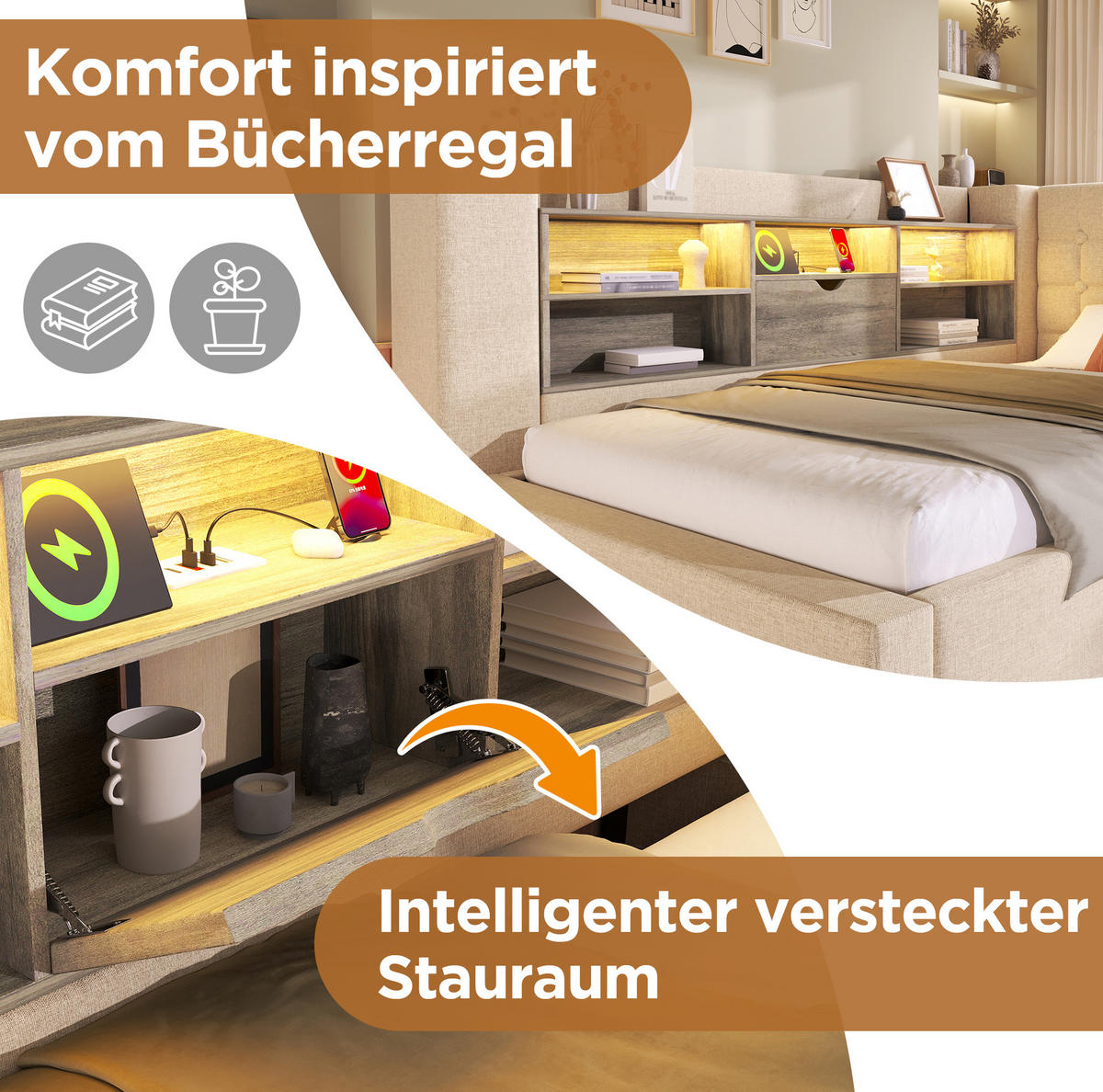 POLSTERBETT aus Leinen, Metall und Holz 90x190 cm Beige mit LED-Beleuchtung, USB-Anschlüssen und Stauraum - Beige, Textil (90/190cm) - IVMEU