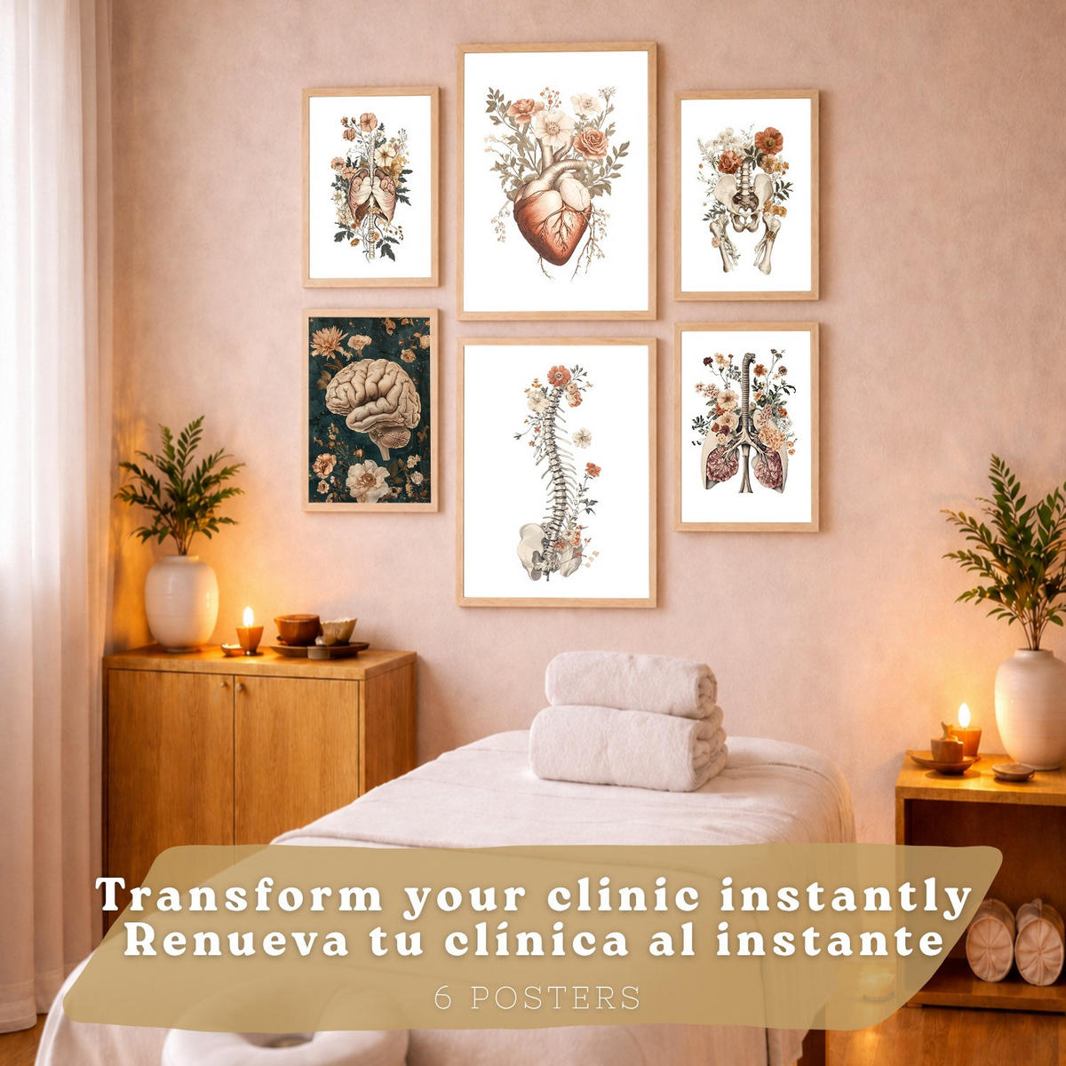 POSTER Set aus 6 Anatomie Mensch Florale Aquarell Drucke und mit Gehirn Lungen Skelett Nieren und Organen Botanische Größe Rahmenlos A3 & A4 - Klar, Papier (21/29.7/3cm) - Nacnic