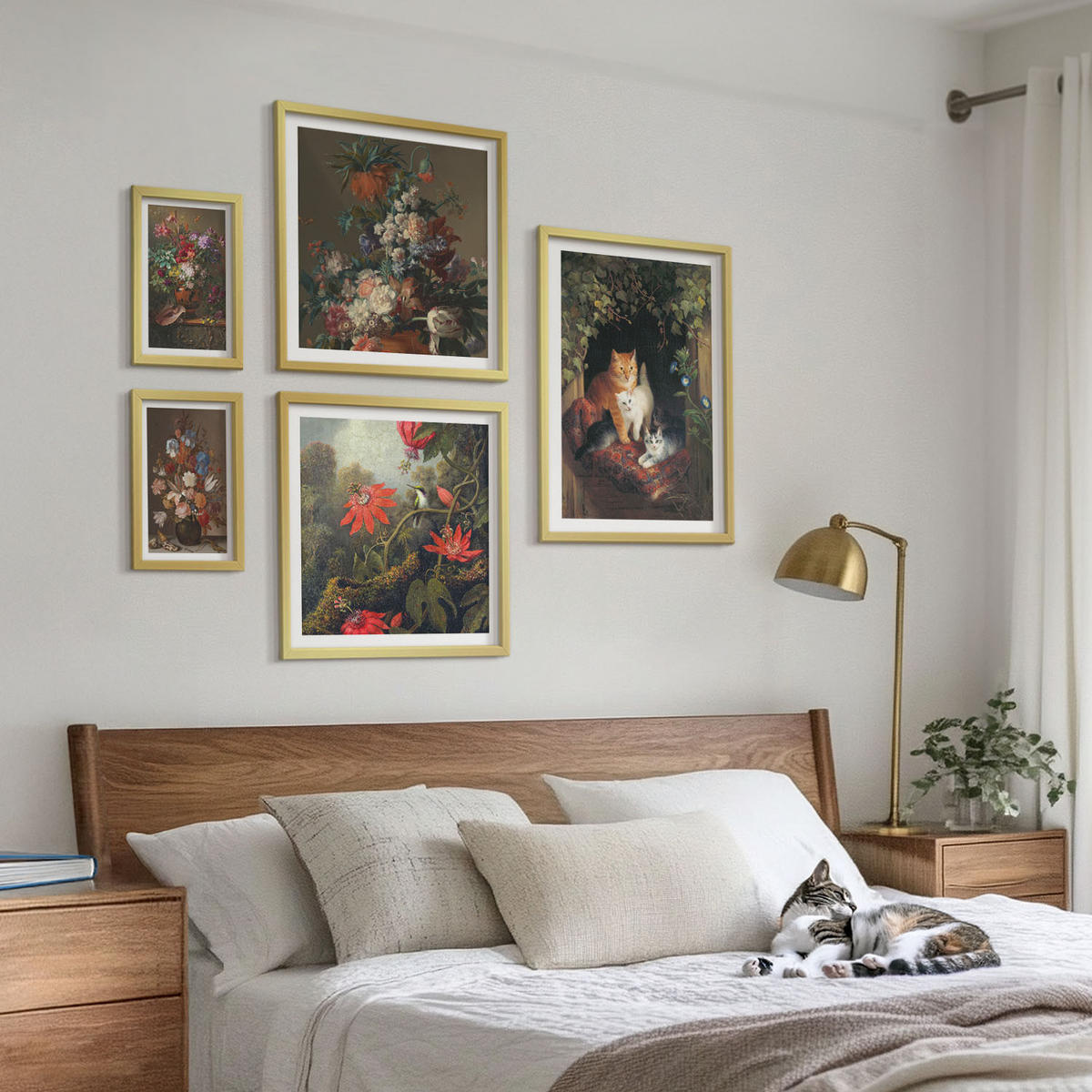 WANDBILDER 5er Set - 50x50 cm & 20x30 cm & 40x60 cm Goldrahmen - Vintage-Blumen, Katzen, Pflanzen - Goldfarben, Kunststoff (40/60cm) - ArtPrintCave