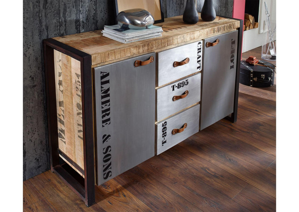 SIDEBOARD Mango 145x40x85 natur bedruckt FACTORY #132 - Braun, Holz (145/85/40cm) - Massivmoebel24