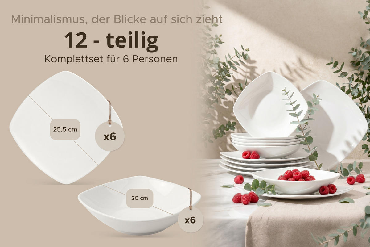 TAFELSERVICE CARLINA 6-Personen 12-tlg - Weiß, Keramik (25.5/2/25.5cm) - KONSIMO®